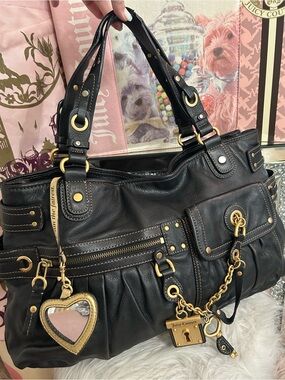Y2K Vintage 2008 Juicy Couture Black Leather Shoulder Bag Gold Lock Key Charms